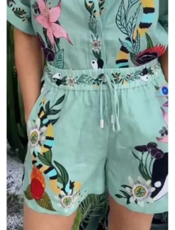 Outlet Women's Active Basic Shirt Linen-Inspired Sets Two Piece Sets Short Sleeve Shirt Collar Floral Print Holiday Casual Daily Weekend Summer Regular Fit Women Two Piece Sets|Sets