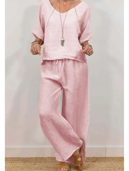 Clearance Women's Active Basic Shirt Linen-Inspired Sets Two Piece Sets Half Sleeve V Neck Solid Color Drawstring Holiday Casual Daily Black Pink Green Summer Regular Fit Women Sets