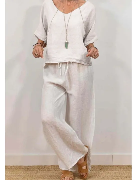 Clearance Women's Active Basic Shirt Linen-Inspired Sets Two Piece Sets Half Sleeve V Neck Solid Color Drawstring Holiday Casual Daily Black Pink Green Summer Regular Fit Women Sets