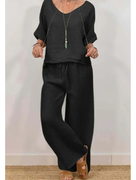 Clearance Women's Active Basic Shirt Linen-Inspired Sets Two Piece Sets Half Sleeve V Neck Solid Color Drawstring Holiday Casual Daily Black Pink Green Summer Regular Fit Women Sets