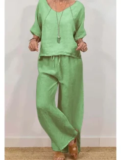 Clearance Women's Active Basic Shirt Linen-Inspired Sets Two Piece Sets Half Sleeve V Neck Solid Color Drawstring Holiday Casual Daily Black Pink Green Summer Regular Fit Women Sets