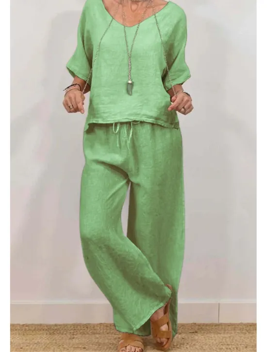 Clearance Women's Active Basic Shirt Linen-Inspired Sets Two Piece Sets Half Sleeve V Neck Solid Color Drawstring Holiday Casual Daily Black Pink Green Summer Regular Fit Women Sets