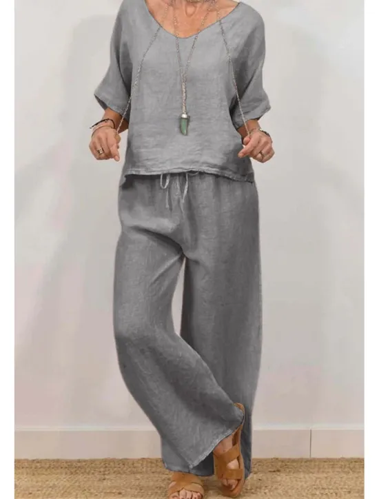 Clearance Women's Active Basic Shirt Linen-Inspired Sets Two Piece Sets Half Sleeve V Neck Solid Color Drawstring Holiday Casual Daily Black Pink Green Summer Regular Fit Women Sets