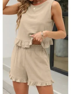 Online Women's Active Basic Shorts Sets Sleeveless Crew Neck Solid Color Ruched Casual Daily Weekend Black Wine Army Green Summer Regular Fit Women Two Piece Sets
