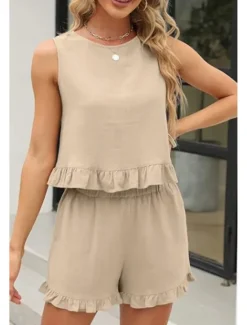 Online Women's Active Basic Shorts Sets Sleeveless Crew Neck Solid Color Ruched Casual Daily Weekend Black Wine Army Green Summer Regular Fit Women Two Piece Sets