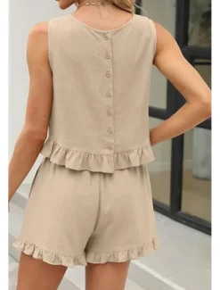 Online Women's Active Basic Shorts Sets Sleeveless Crew Neck Solid Color Ruched Casual Daily Weekend Black Wine Army Green Summer Regular Fit Women Two Piece Sets