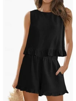 Online Women's Active Basic Shorts Sets Sleeveless Crew Neck Solid Color Ruched Casual Daily Weekend Black Wine Army Green Summer Regular Fit Women Two Piece Sets