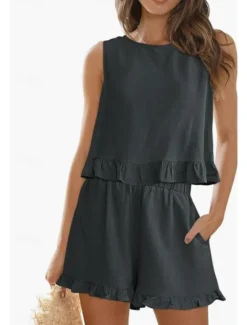 Online Women's Active Basic Shorts Sets Sleeveless Crew Neck Solid Color Ruched Casual Daily Weekend Black Wine Army Green Summer Regular Fit Women Two Piece Sets