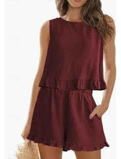 Online Women's Active Basic Shorts Sets Sleeveless Crew Neck Solid Color Ruched Casual Daily Weekend Black Wine Army Green Summer Regular Fit Women Two Piece Sets