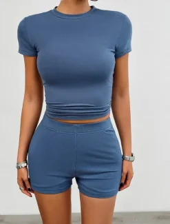 Hot Women's Active Basic T Shirt Shorts Sets Short Sleeve Crew Neck Solid Color Casual Daily Dark Grey Black White Summer Slim Women Two Piece Sets|Women's Tracksuit