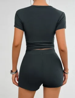 Hot Women's Active Basic T Shirt Shorts Sets Short Sleeve Crew Neck Solid Color Casual Daily Dark Grey Black White Summer Slim Women Two Piece Sets|Women's Tracksuit