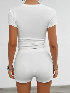 Hot Women's Active Basic T Shirt Shorts Sets Short Sleeve Crew Neck Solid Color Casual Daily Dark Grey Black White Summer Slim Women Two Piece Sets|Women's Tracksuit