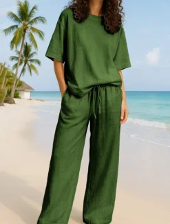 Discount Women's Active Basic Two Piece Sets Pants Sets Half Sleeve Crew Neck Solid Color Casual Daily Navy Blue Brown Green Summer Regular Fit Women Sets