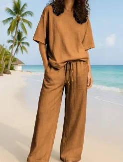 Discount Women's Active Basic Two Piece Sets Pants Sets Half Sleeve Crew Neck Solid Color Casual Daily Navy Blue Brown Green Summer Regular Fit Women Sets