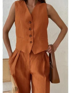Online Women's Active Fashion Blouse Pants Sets Sleeveless V Neck Solid Color Dubbele Rij Knopen Vacation Casual Daily Black Orange Khaki Summer Regular Fit Women Two Piece Sets