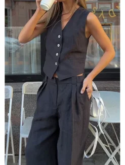 Online Women's Active Fashion Blouse Pants Sets Sleeveless V Neck Solid Color Dubbele Rij Knopen Vacation Casual Daily Black Orange Khaki Summer Regular Fit Women Two Piece Sets