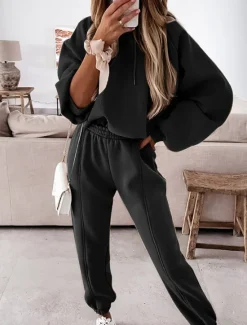 Hot Women's Active Streetwear Tracksuit Pants Sets Sweatshirt Long Sleeve Hooded Solid Color Sports Outdoor Casual Black White Green Fall & Winter Regular Fit Women Two Piece Sets