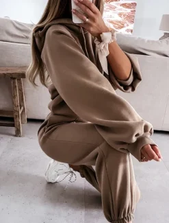 Hot Women's Active Streetwear Tracksuit Pants Sets Sweatshirt Long Sleeve Hooded Solid Color Sports Outdoor Casual Black White Green Fall & Winter Regular Fit Women Two Piece Sets