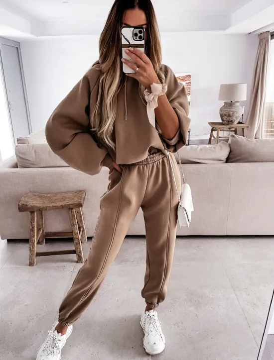 Hot Women's Active Streetwear Tracksuit Pants Sets Sweatshirt Long Sleeve Hooded Solid Color Sports Outdoor Casual Black White Green Fall & Winter Regular Fit Women Two Piece Sets