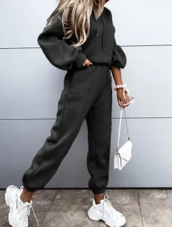 Hot Women's Active Streetwear Tracksuit Pants Sets Sweatshirt Long Sleeve Hooded Solid Color Sports Outdoor Casual Black White Green Fall & Winter Regular Fit Women Two Piece Sets