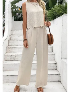 Outlet Women's Active Streetwear Blouse Pants Sets Sleeveless Crew Neck Solid Color Backless Going out Weekend Black Dark Navy Orange Summer Regular Fit Women Two Piece Sets