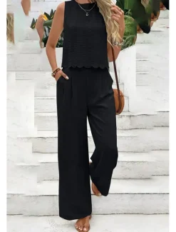 Outlet Women's Active Streetwear Blouse Pants Sets Sleeveless Crew Neck Solid Color Backless Going out Weekend Black Dark Navy Orange Summer Regular Fit Women Two Piece Sets