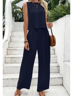 Outlet Women's Active Streetwear Blouse Pants Sets Sleeveless Crew Neck Solid Color Backless Going out Weekend Black Dark Navy Orange Summer Regular Fit Women Two Piece Sets