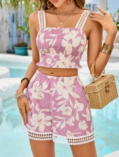 Clearance Women's Active Vacation Shorts Sets Sleeveless Square Neck Floral Ruched Ruffle Casual Daily Summer Regular Fit Women Two Piece Sets