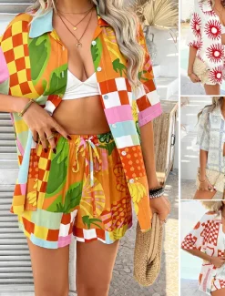 Discount Women's Active Vacation Shirt Shorts Sets Half Sleeve Shirt Collar Floral Geometric Color Block Print Casual Daily White Red Blue Summer Regular Fit Women Two Piece Sets
