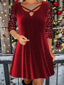 Outlet Women's A-Line Dress Pleated Sequin Detailing 3/4 Sleeve Keyhole Neckline Crisscross Accent Party Wear Comfort Fit Holiday Fashion Red Women Cocktail Dress