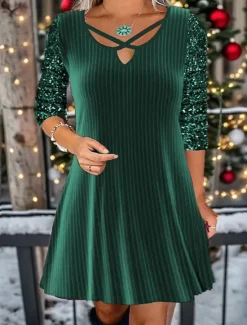 Outlet Women's A-Line Dress Pleated Sequin Detailing 3/4 Sleeve Keyhole Neckline Crisscross Accent Party Wear Comfort Fit Holiday Fashion Red Women Cocktail Dress