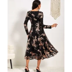 Clearance Women's A-Line Midi Dress Long Sleeve Sequins Floral Elegant Semi-Formal Sparkly Shimmer Skirt Round Neckline Wedding Party Theater Event Spring Fall Fashion Clothing Apparel S M L XL XXL Women Cocktail Dress