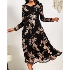 Clearance Women's A-Line Midi Dress Long Sleeve Sequins Floral Elegant Semi-Formal Sparkly Shimmer Skirt Round Neckline Wedding Party Theater Event Spring Fall Fashion Clothing Apparel S M L XL XXL Women Cocktail Dress
