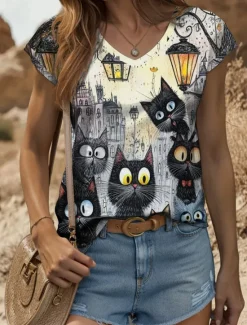 Online Women's Animal Cat Camisole Tank Top Vintage Tropical Stylish Sleeveless Short Sleeve V Neck Regular Tops Daily Print Summer Spring Women Tank Tops & Camis