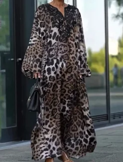 Sale Women's Animal V Neck Mini Dress Long Sleeve Spring Fall Women Casual Dress