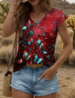 New Women's Animals Camisole Tank Top Butterfly Vintage Tropical Stylish Sleeveless Short Sleeve V Neck Regular Tops Daily Print Yellow Red Blue Purple Green Summer Spring Women Tank Tops & Camis