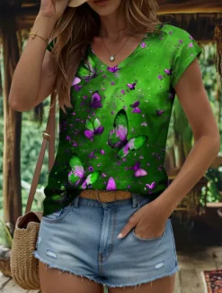 New Women's Animals Camisole Tank Top Butterfly Vintage Tropical Stylish Sleeveless Short Sleeve V Neck Regular Tops Daily Print Yellow Red Blue Purple Green Summer Spring Women Tank Tops & Camis