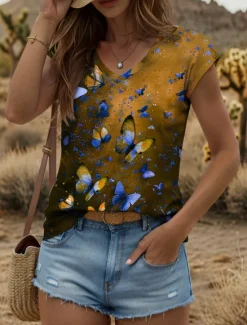 New Women's Animals Camisole Tank Top Butterfly Vintage Tropical Stylish Sleeveless Short Sleeve V Neck Regular Tops Daily Print Yellow Red Blue Purple Green Summer Spring Women Tank Tops & Camis