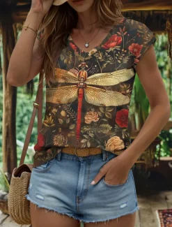Women's Animals Camisole Tank Top Vintage Tropical Stylish Sleeveless Short Sleeve V Neck Regular Tops Daily Print Yellow Red Blue Purple Green Summer Spring Women T-Shirts|Tank Tops & Camis
