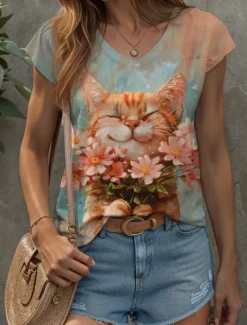 Discount Women's Animals Camisole Tank Top Floral Graphic Cat Vintage Tropical Stylish Sleeveless Short Sleeve V Neck Regular Tops Daily Print Summer Spring Women Tank Tops & Camis|T-Shirts