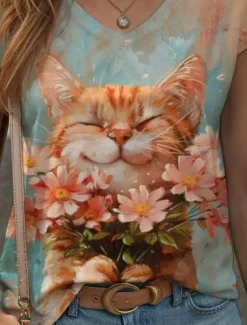 Discount Women's Animals Camisole Tank Top Floral Graphic Cat Vintage Tropical Stylish Sleeveless Short Sleeve V Neck Regular Tops Daily Print Summer Spring Women Tank Tops & Camis|T-Shirts