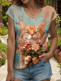 Discount Women's Animals Camisole Tank Top Floral Graphic Cat Vintage Tropical Stylish Sleeveless Short Sleeve V Neck Regular Tops Daily Print Summer Spring Women Tank Tops & Camis|T-Shirts