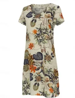 Sale Women's Summer Spring Midi Dress Cotton Linen Dresses Casual Dress Cotton Summer Dress Basic Classic Casual Outdoor Vacation Daily Loose Fit Floral Leaf V Neck Women Dresses