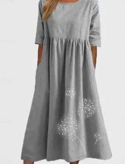 Discount Women's ArmyGreen Black Pink Summer Spring Fall Maxi Dress Cotton Linen Dresses Casual Dress Tunic Dress Basic Casual Mature Outdoor Vacation Daily Loose Fit Dandelion Crew Neck Women Dresses