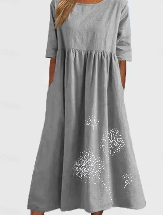 Discount Women's ArmyGreen Black Pink Summer Spring Fall Maxi Dress Cotton Linen Dresses Casual Dress Tunic Dress Basic Casual Mature Outdoor Vacation Daily Loose Fit Dandelion Crew Neck Women Dresses