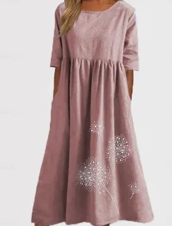 Discount Women's ArmyGreen Black Pink Summer Spring Fall Maxi Dress Cotton Linen Dresses Casual Dress Tunic Dress Basic Casual Mature Outdoor Vacation Daily Loose Fit Dandelion Crew Neck Women Dresses