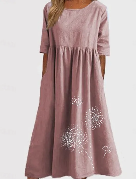 Discount Women's ArmyGreen Black Pink Summer Spring Fall Maxi Dress Cotton Linen Dresses Casual Dress Tunic Dress Basic Casual Mature Outdoor Vacation Daily Loose Fit Dandelion Crew Neck Women Dresses