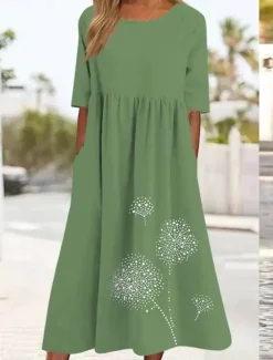 Discount Women's ArmyGreen Black Pink Summer Spring Fall Maxi Dress Cotton Linen Dresses Casual Dress Tunic Dress Basic Casual Mature Outdoor Vacation Daily Loose Fit Dandelion Crew Neck Women Dresses