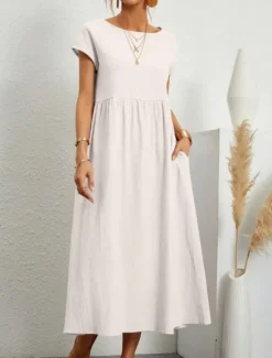 Sale Women's ArmyGreen Black White Summer Spring Midi Dress Cotton Linen Dresses Casual Dress Cotton Summer Dress Basic Classic Casual Outdoor Daily Loose Fit Plain Crew Neck Women Dresses