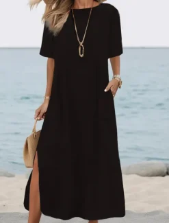 Discount Women's ArmyGreen Black White Summer Spring Fall Maxi Dress White Dress Cotton Linen Dresses Basic Casual Outdoor Daily Loose Fit Plain Crew Neck Women Dresses|White Dresses